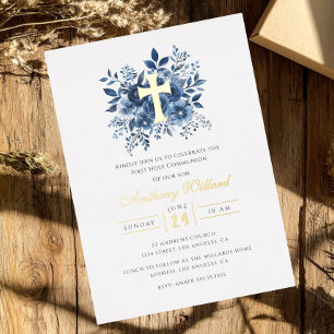 Invitation En Aluminium Croix dorée florale moderne pour garçons Première