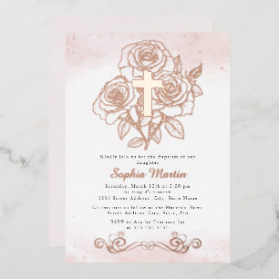 Invitation En Aluminium Croix Fille Or Rose Floral Baptême Rose