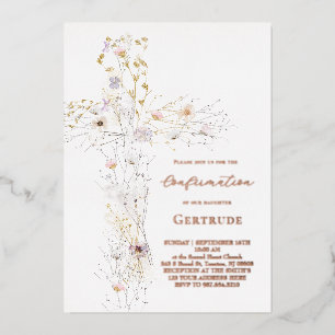 Invitation En Aluminium croix fleur sauvage aquarelle Confirmation