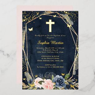 Invitation En Aluminium Croix Florale Rose Or Marine Fille Baptême