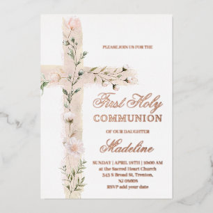 Invitation En Aluminium croix florale Sainte Première communion