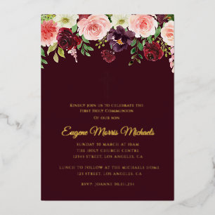 Invitation En Aluminium croix moderne or burgundy première communion