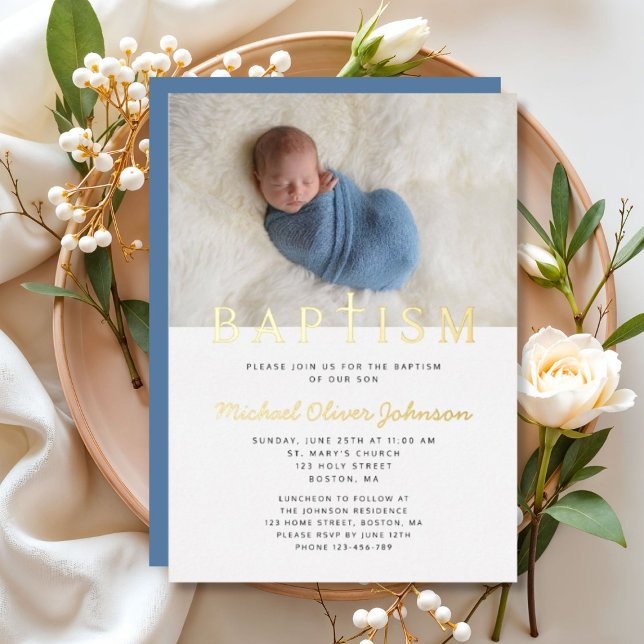 Invitation En Aluminium Croix religieuse Photo Boy Baptême Bleu Or (Religious Cross Photo Boy Blue Baptism Gold Foil Invitation)