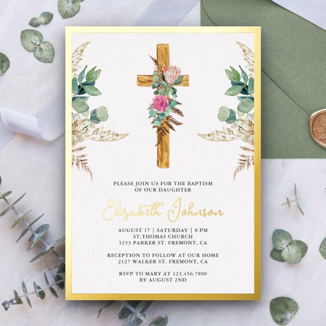 Invitation En Aluminium Croix Rustique Boho Pampas Eucalyptus Baptême (Créateur téléchargé)