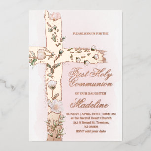 Invitation En Aluminium croix Sainte Première communion florale