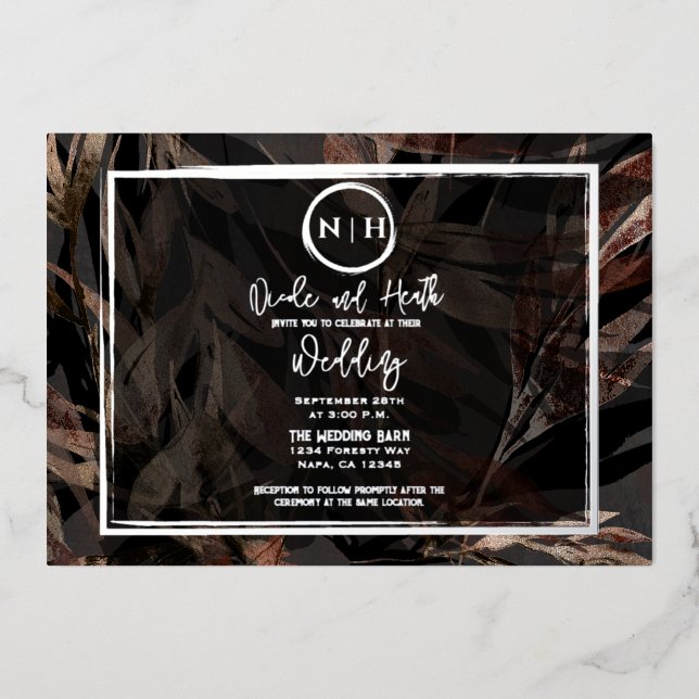 Invitation En Aluminium Cuivre foncé Bronze Brown Mariage botanique Argent (Recto)