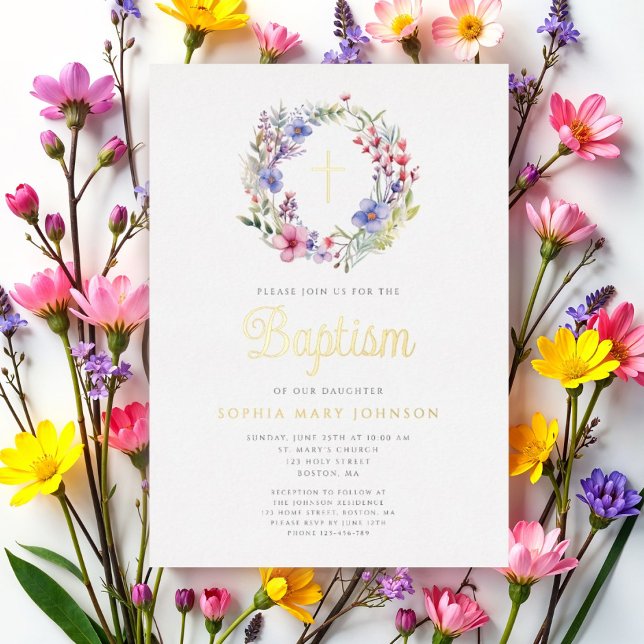 Invitation En Aluminium Cute Floral Wreath Religieuse Fille Baptême Or (Cute Floral Wreath Religious Girl Baptism Gold Foil Invitation)
