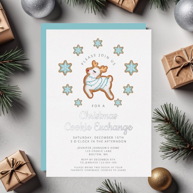 Invitation En Aluminium Cute Reindeer Christmas Échange de cookies (Cute Reindeer Christmas Cookie Exchange Foil Invitation)
