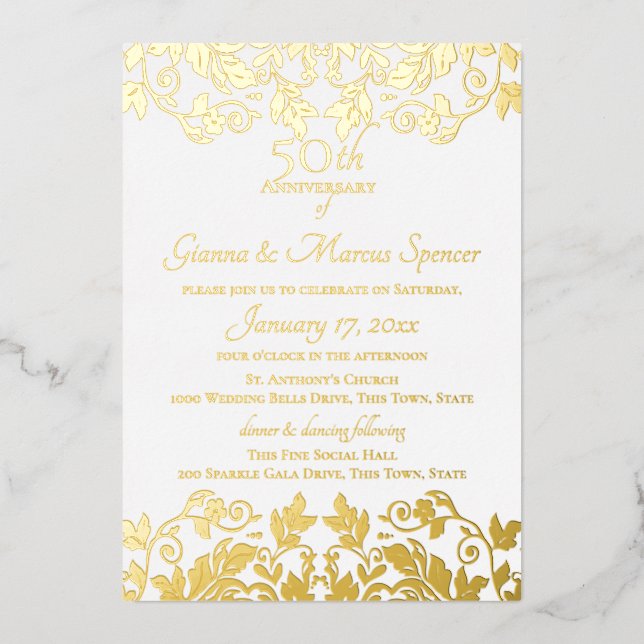 Invitation En Aluminium Damask doré 50e anniversaire (Recto)