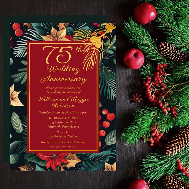 Invitation En Aluminium Dark Holiday Floral 75e Mariage Anniversaire Party (Dark Floral Winter | Christmas Holiday 75th Wedding Anniversary Party Gold Foil Invitation)