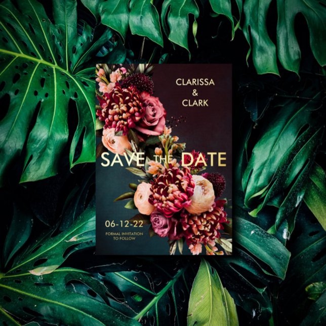 Invitation En Aluminium Dark Moody Bold Floral Marsala Enregistrer La Date (Créateur téléchargé)