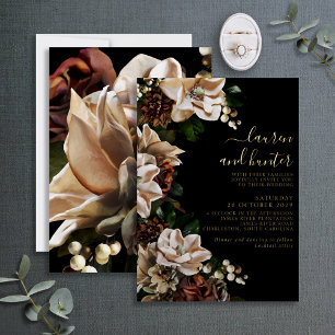 Invitation En Aluminium Dark Moody Magnolia Script Floral Mariage Gold