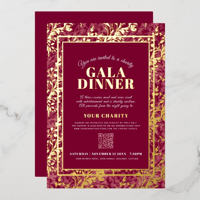 Invitation En Aluminium Dark red gold botanical pattern gala dinner event (Recto/Verso)