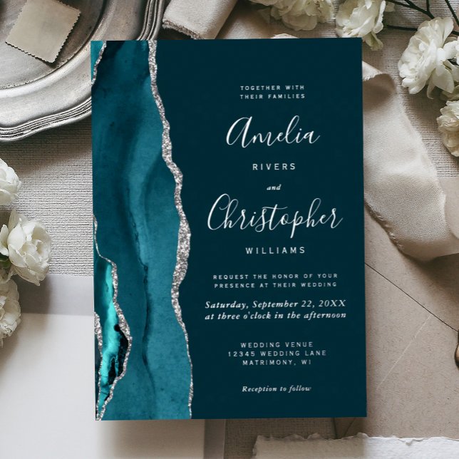Invitation En Aluminium Dark Teal Silver Agate Script Wedding (Créateur téléchargé)