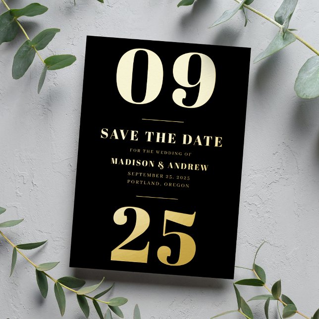 Invitation En Aluminium Date moderne Black and Gold Bold Enregistrer la da (Créateur téléchargé)