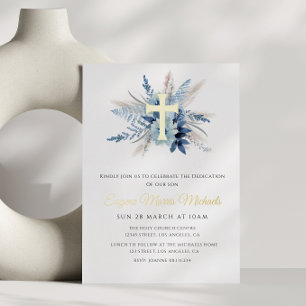 Invitation En Aluminium dédicace florale bleu croix d'or moderne