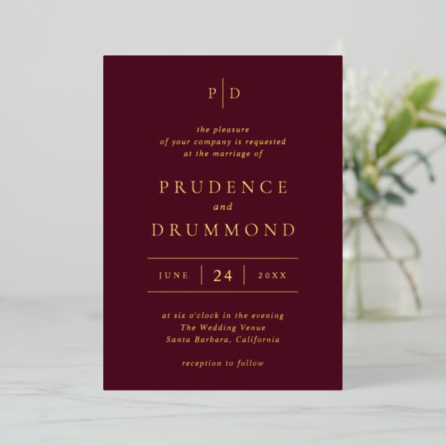 Invitation En Aluminium Deep Burgundy Elegant Classic Wedding (Debout devant)