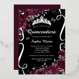 Invitation En Aluminium Défilement Floral Élégant Burgundy Quinceanera
