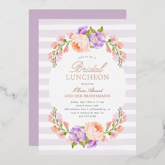 Invitation En Aluminium Déjeuner nuptial de Lilac Stripe et Bloom (Recto/Verso)