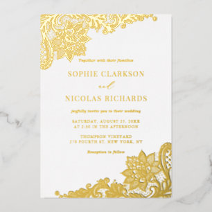 Invitation En Aluminium Dentelle Antique Élégante Mariage Rustique Or