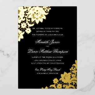 Invitation En Aluminium Dentelle de feuille d'or noir et or Script Mariage