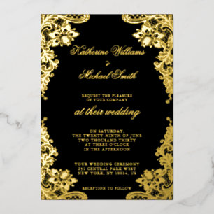 Invitation En Aluminium Dentelle Florale Mariage Noir Et Or