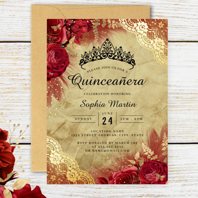 Invitation En Aluminium Dentelle Florale Rouge Quinceanera (Créateur téléchargé)