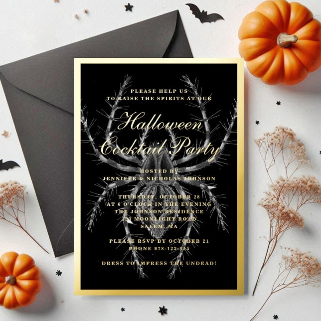 Invitation En Aluminium Déplaisant Spider Halloween Cocktail Party Gold (Creepy Spider Halloween Cocktail Party Gold Foil Invitation)
