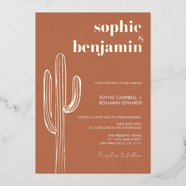 Invitation En Aluminium Desert Cactus Terracotta Rétro Mariage Rose Gold (Recto)