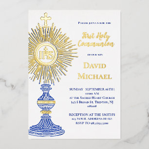 Invitation En Aluminium dessin de monstrance bleue Première Sainte Commu