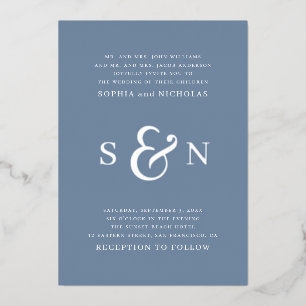 Invitation En Aluminium Détails de typographie élégante or bleu poussiéreu