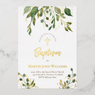Invitation En Aluminium détails dorés aquarelle verdure Baptême
