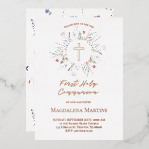 Invitation En Aluminium détails en or rose Première Communion fleurs sauva