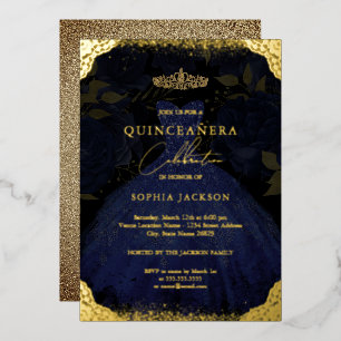 Invitation En Aluminium Diadème de robe dorée bleue scintillante Quinceane