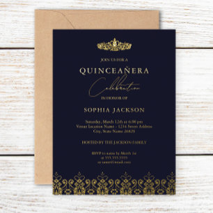 Invitation En Aluminium Diadème élégant en or et marine Quinceanera