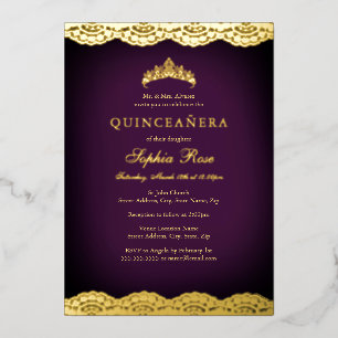 Invitation En Aluminium Diadème en dentelle dorée violette en feuille de Q