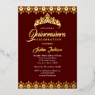 Invitation En Aluminium Diadème en feuille d'or Burgundy Quinceanera