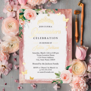 Invitation En Aluminium Diadème Floral Étincelant Rose Pâle Or Quinceanera
