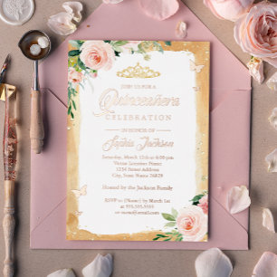 Invitation En Aluminium Diadème Floral Rose Gold Blush Quinceanera avec Ét