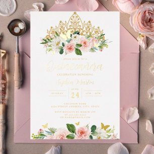 Invitation En Aluminium Diadème Papillon Floral Blush Or Quinceanera 15ème