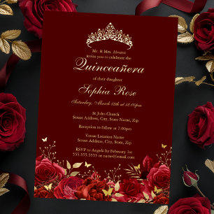 Invitation En Aluminium Diadème Papillon Floral Rouge Or Quinceanera