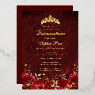 Invitation En Aluminium Diadème Papillon Floral Rouge Royal Quinceanera