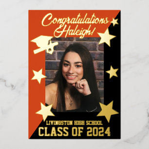 Invitation En Aluminium Diagonale orange et noire, or de graduation