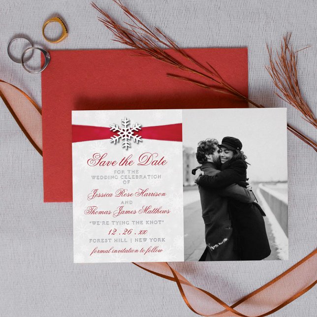 Invitation En Aluminium Diamante Flocon de neige et Ruban rouge Mariage d' (Créateur téléchargé)