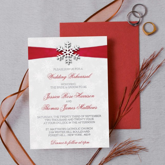 Invitation En Aluminium Diamante Flocon de neige et Ruban rouge Mariage d' (Créateur téléchargé)