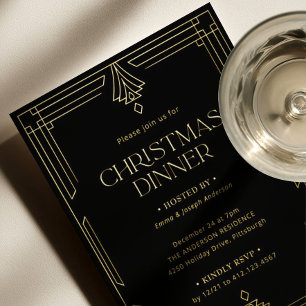 Invitation En Aluminium Dîner de Noël élégant   Noir et Or