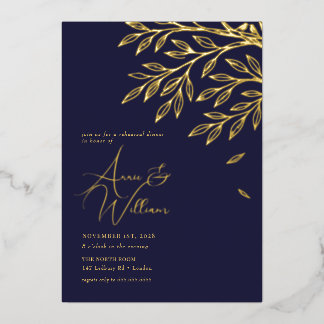Invitation En Aluminium Dîner de répétition Botanical Gold Leaf Navy