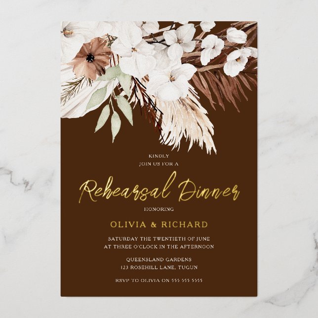 Invitation En Aluminium Dîner de répétition d'or floral bohème élégant (Recto)