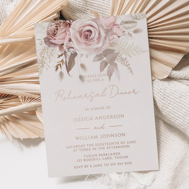 Invitation En Aluminium Dîner de répétition florale Dusty Rose Gold Blush (Créateur téléchargé)