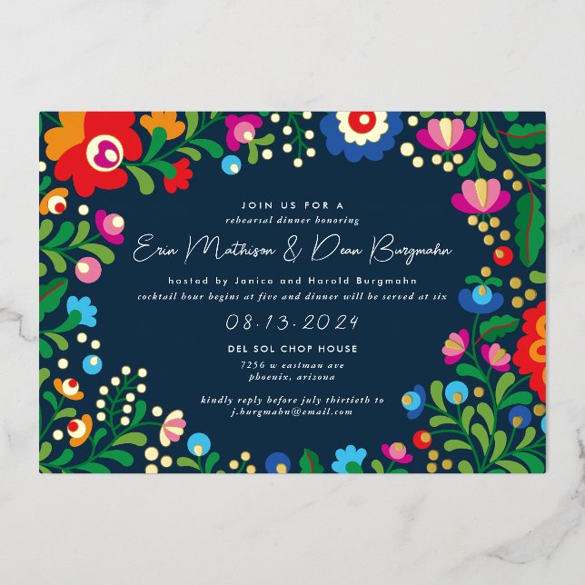 Invitation En Aluminium Dîner de répétition Mariage de broderie mexicaine (Recto)